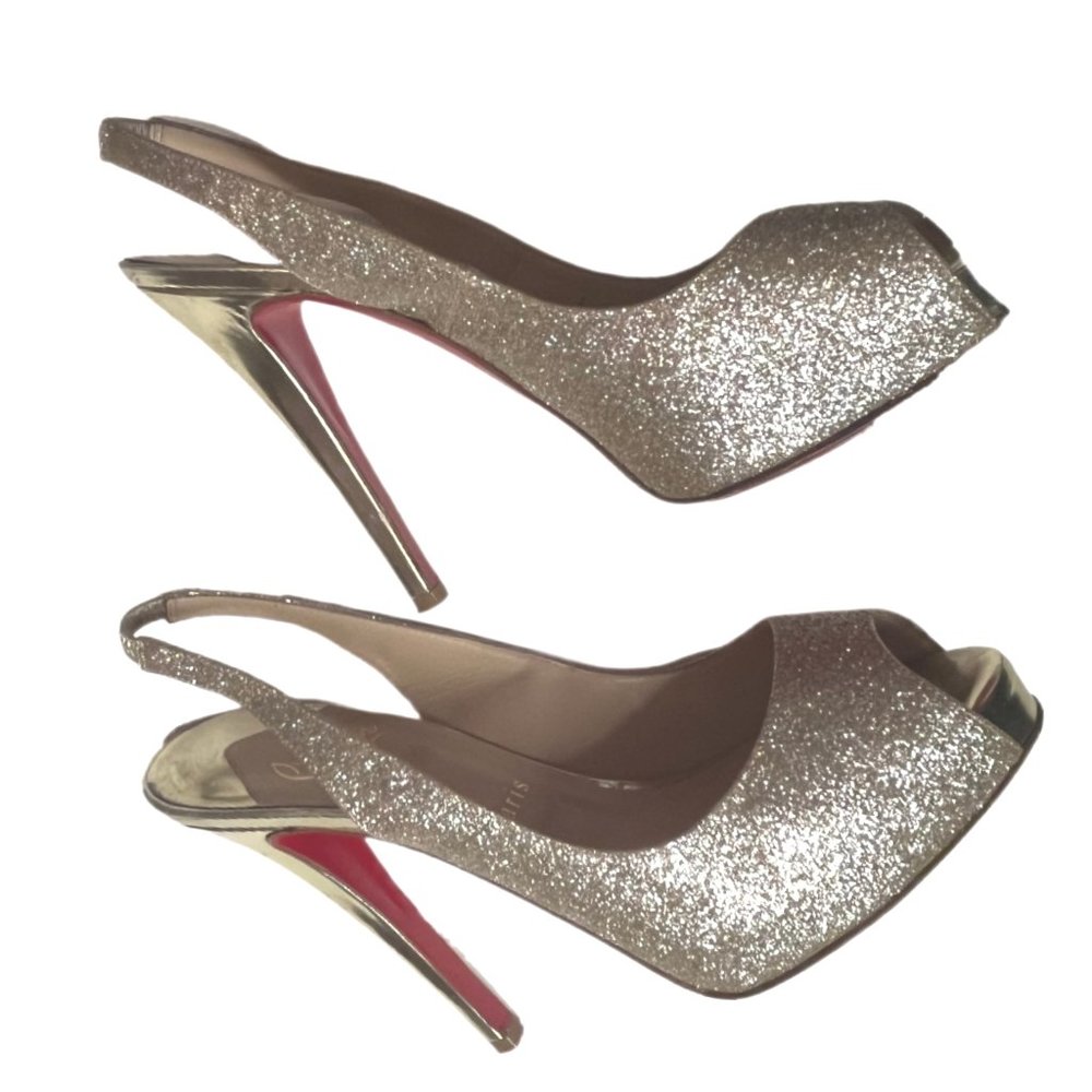 Christian Louboutin Gold Glittter Platform Slingback Sandals Size 37.5 / US 7.5